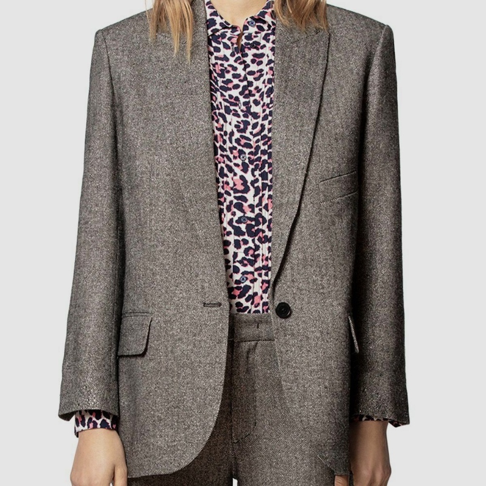 ZADIG & VOLTAIRE Herringbone metallic grey silver wool blazer removal skull pin